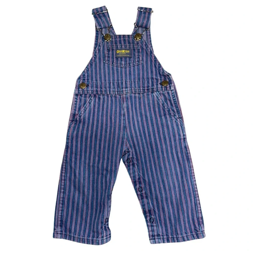 Vintage 80s OshKosh B'Gosh Vestbak Overalls 12M USA Railroad Stripe Rare Red Blu